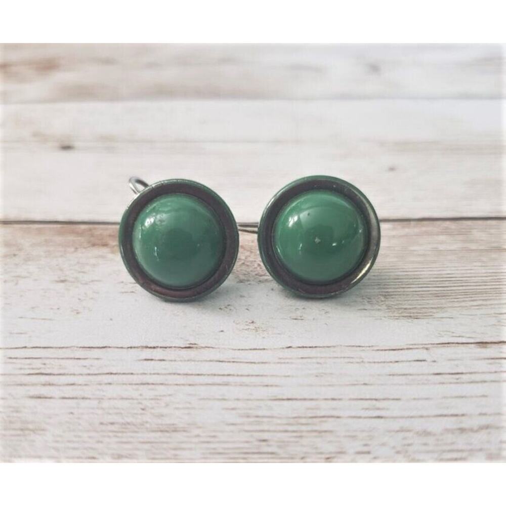 Vintage Screw On Earrings Pine Green Circle with Halo